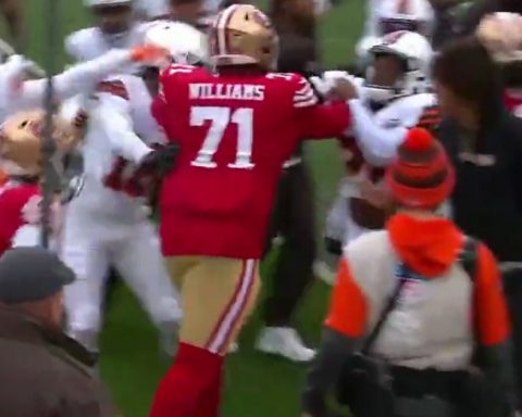 This Twitter screen shot shows a scuffle breaking out between the San Francisco 49ers and Cleveland Browns on Sunday.
